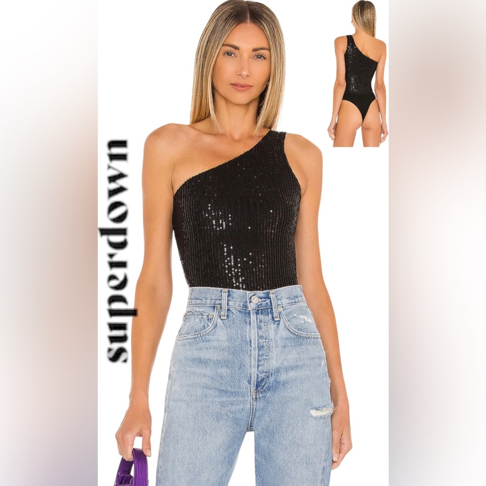 NWT REVOLVE superdown Remi One Shoulder Bodysuit in Black Sequin